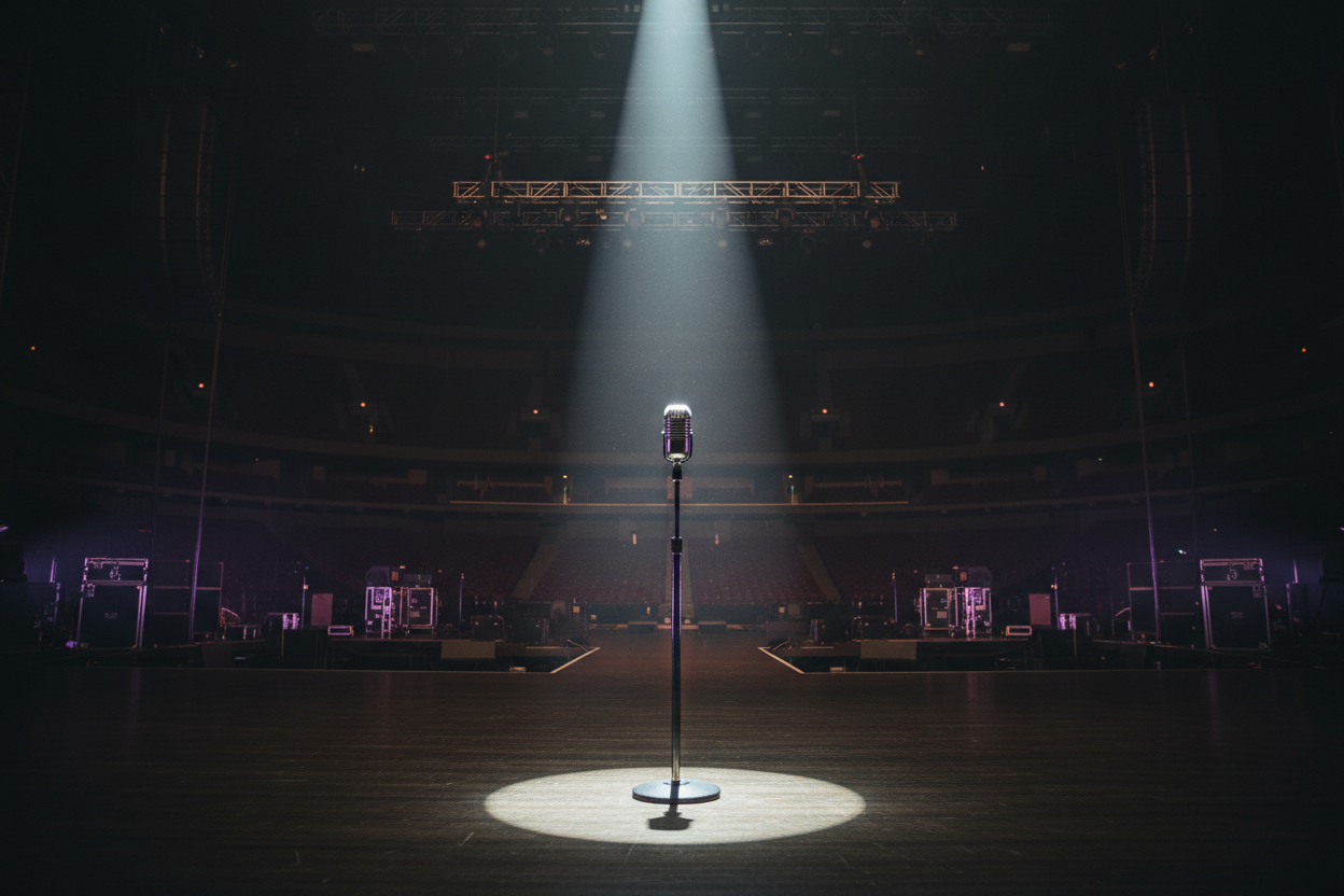 picture of a microphone with a dimmed light on a huge stage